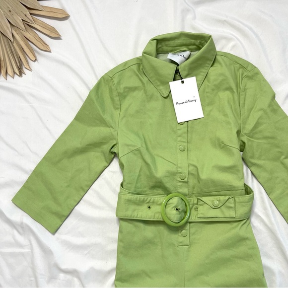 House of Sunny Golden Years Lime Green Belted Coveralls Groovy Jumpsuit Size 2 - Picture 6 of 16